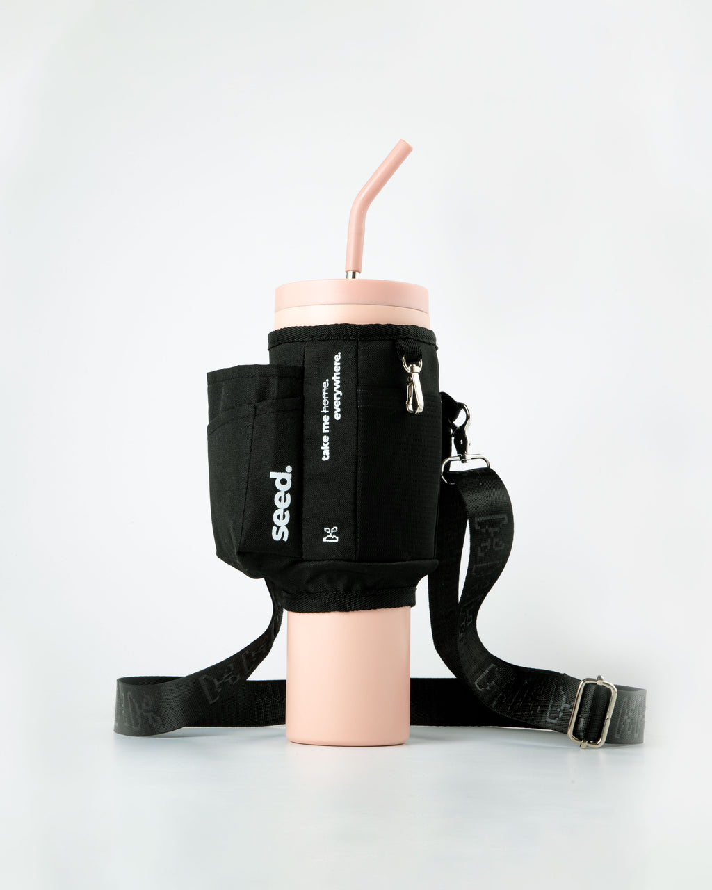 Black cup holder with pink cup and straw on a white background 1.2l-stainless-steel-tumbler-baby-pink-carry-all-sleeve-black-front baby pink & blackhole