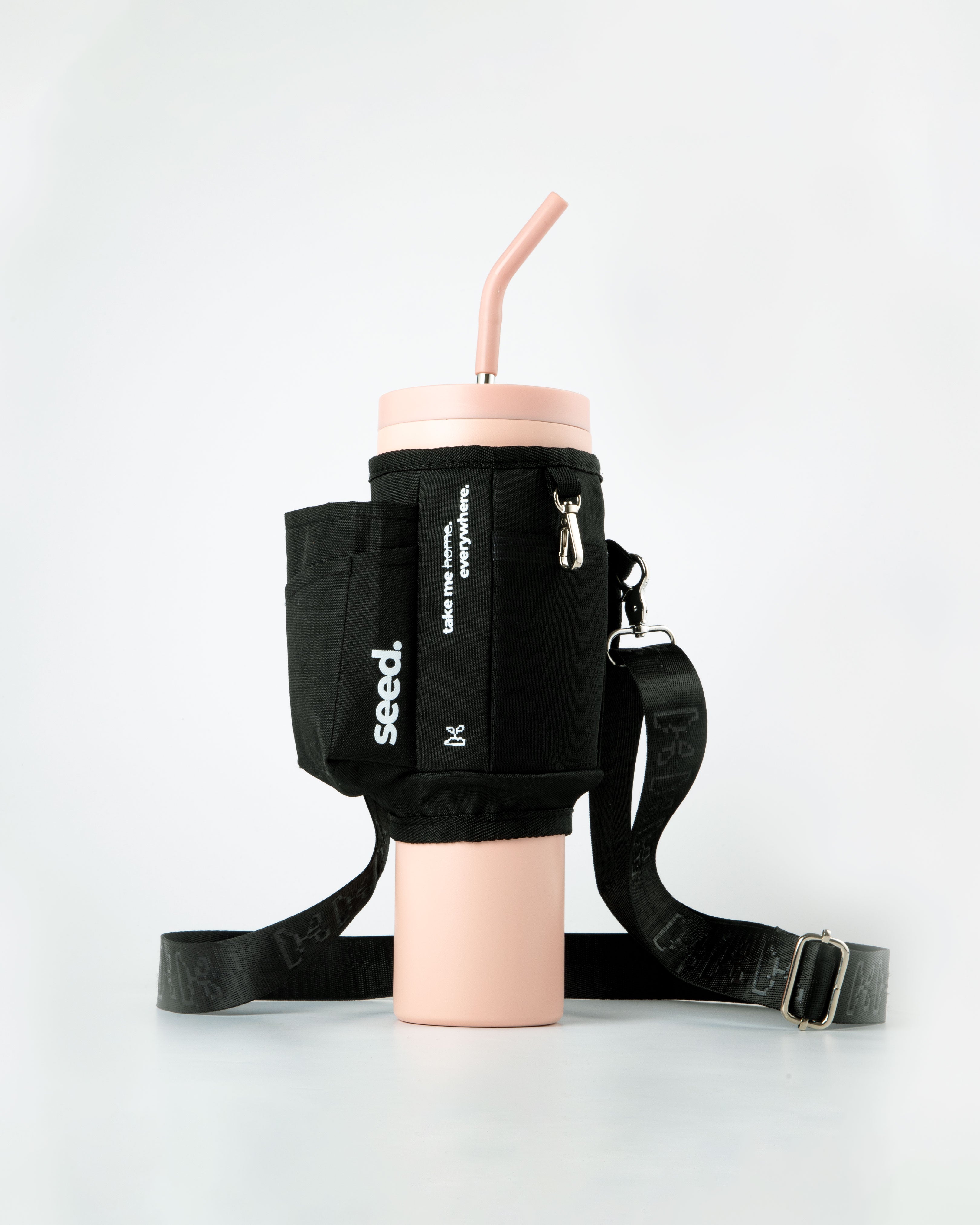 Black cup holder with pink cup and straw on a white background 1.2l-stainless-steel-tumbler-baby-pink-carry-all-sleeve-black-front baby pink & blackhole