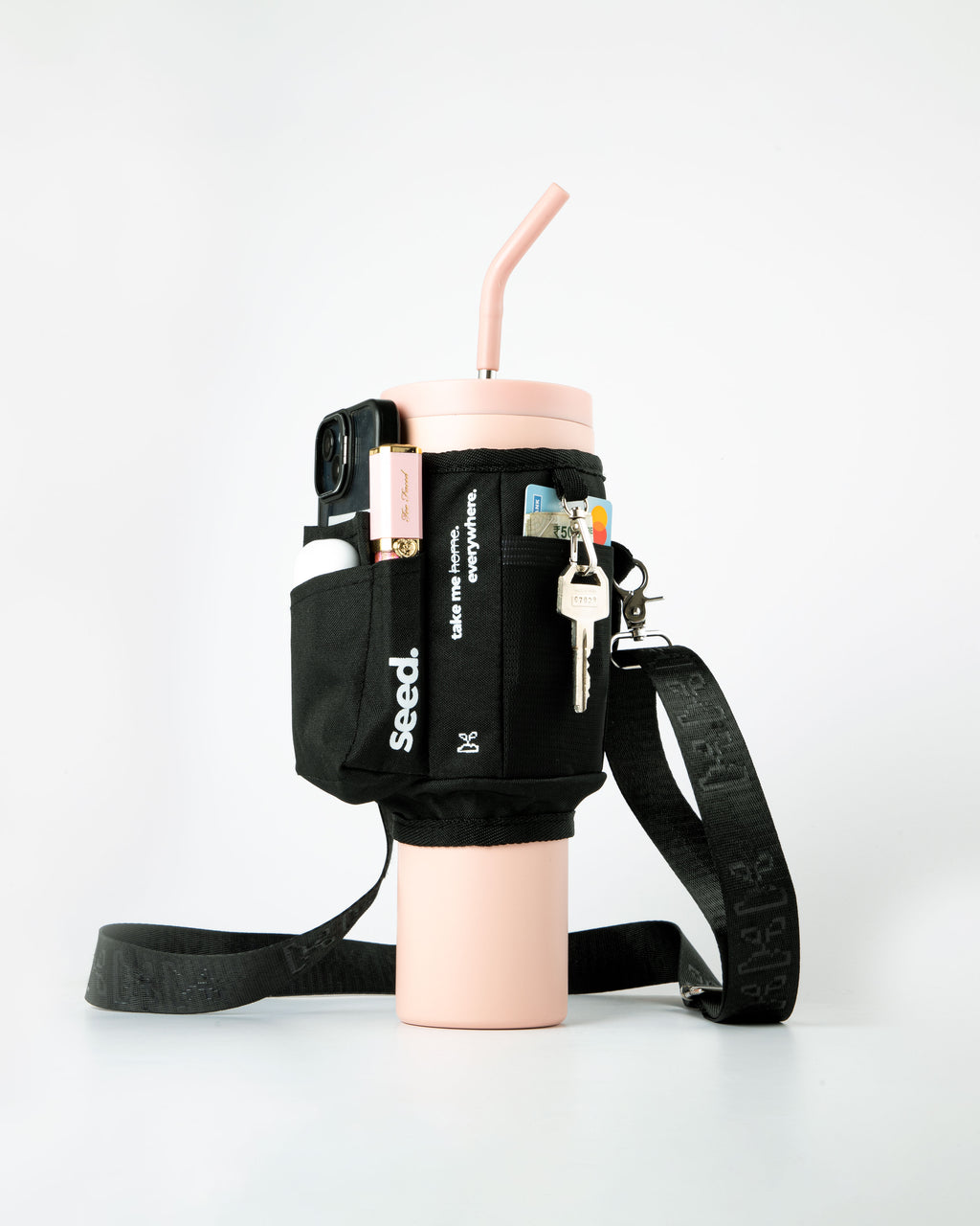 Black crossbody bag with pink cups and keys on a white background White-sleeve-sling-bag-for-1.2L-stainless-steel-tumbler-with-5-pockets-and-keychain-holder baby pink & blackhole