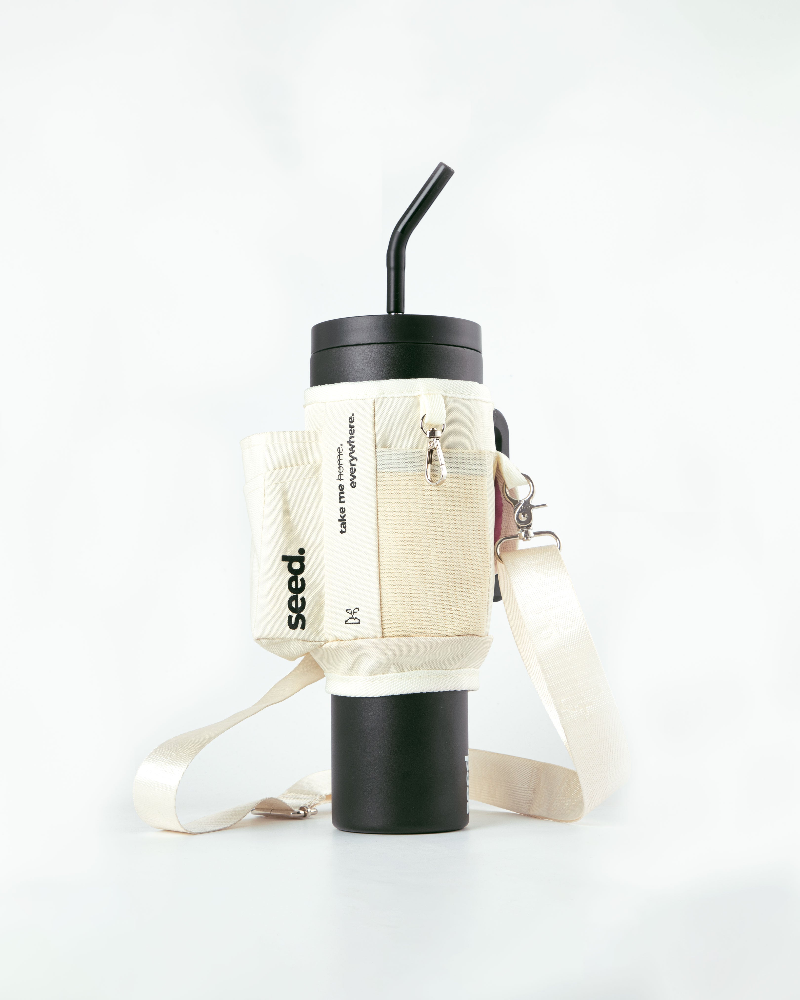 Black insulated cup with straw and beige carrying case on a white background 1.2l-stainless-steel-tumbler-black-carry-all-sleeve-white-front dark knight & milkyway