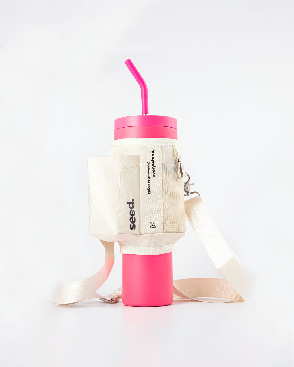 Pink and beige water bottle with straw on a white background 1.2l-stainless-steel-tumbler-hot pink-carry-all-sleeve-white-front rani pink & milkyway