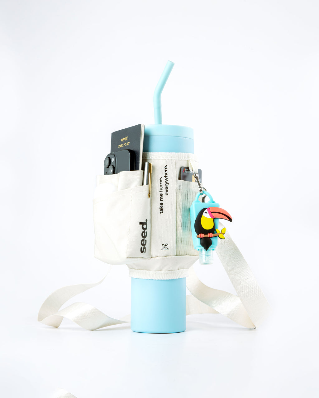 1.2l_stainless_steel_tumbler_baby_blue_carry_all_sleeve_white_with_phone_passport pen card cash key holder baby blue & milkyway