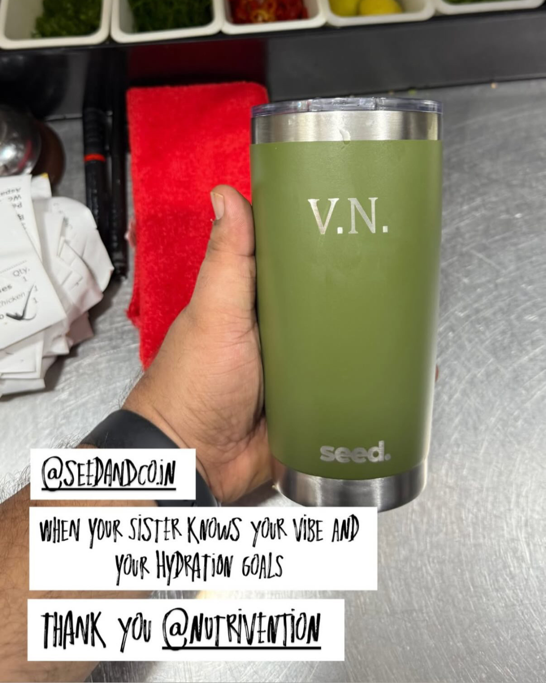 stainless steel tumbler 600mL olive oil with V.N. initials laser engraved on it  insulated stainless steel travel coffee mug 600mL 