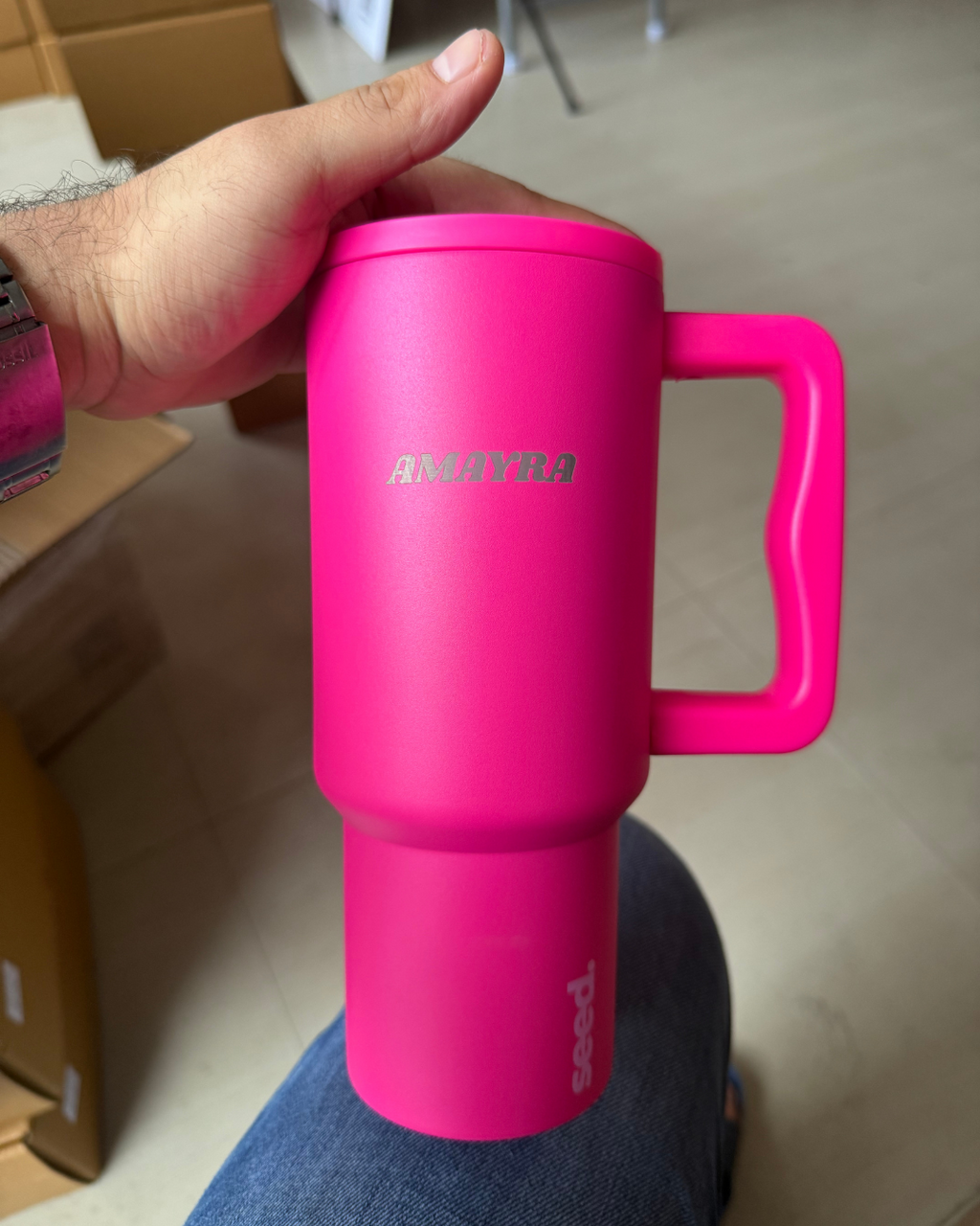Pink insulated mug with handle with 'Amayra' laser engraved on it stainless steel tumbler 900mL rani pink