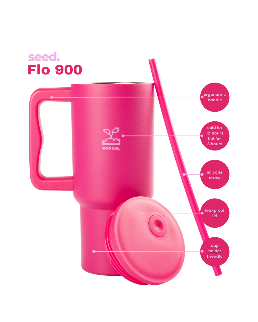 Pink travel mug with handle, lid, and straw on a white background stainless steel tumbler 900mL rani pink