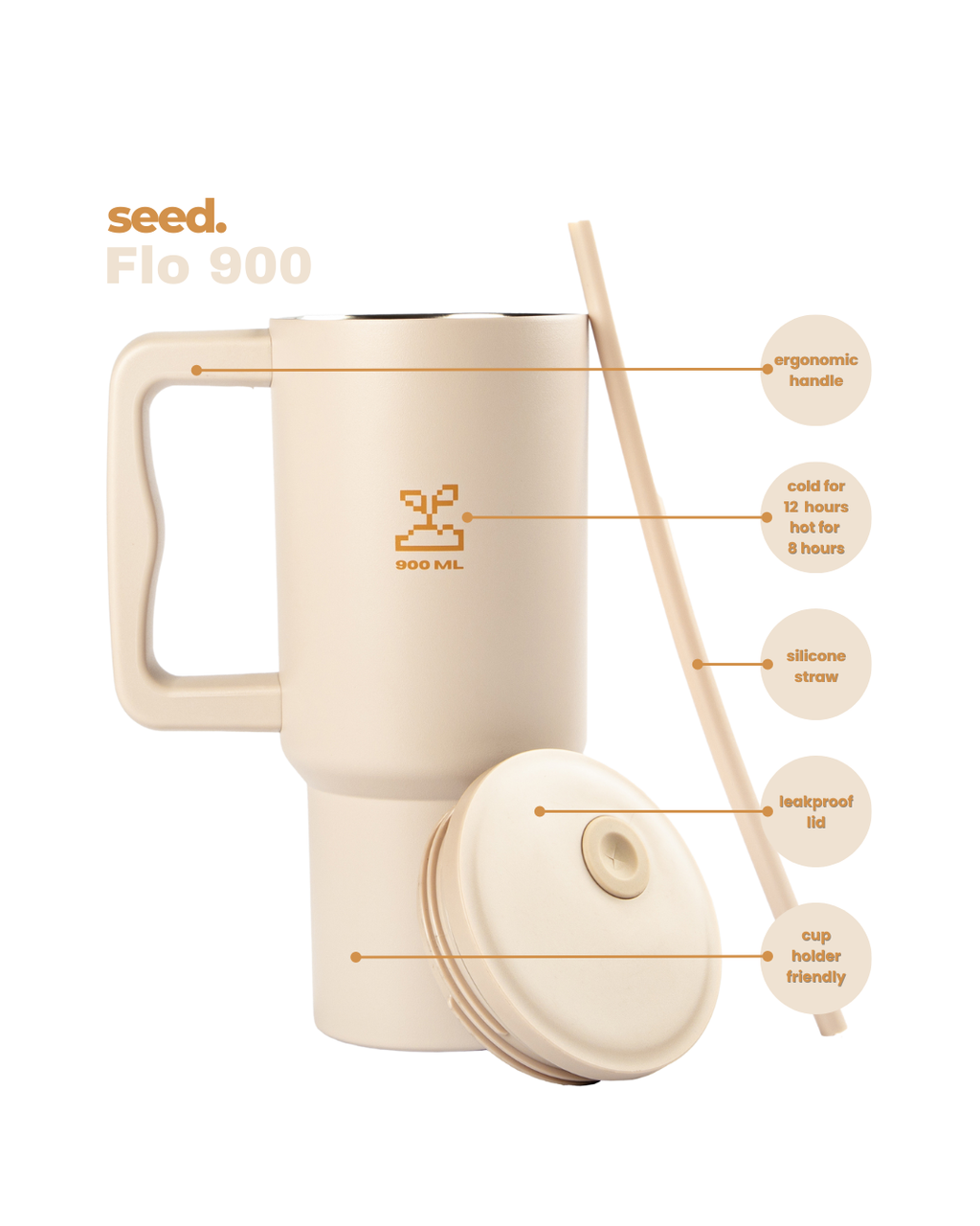 Beige travel mug with handle, lid, and straw on a white background stainless steel tumbler 900mL milk tea