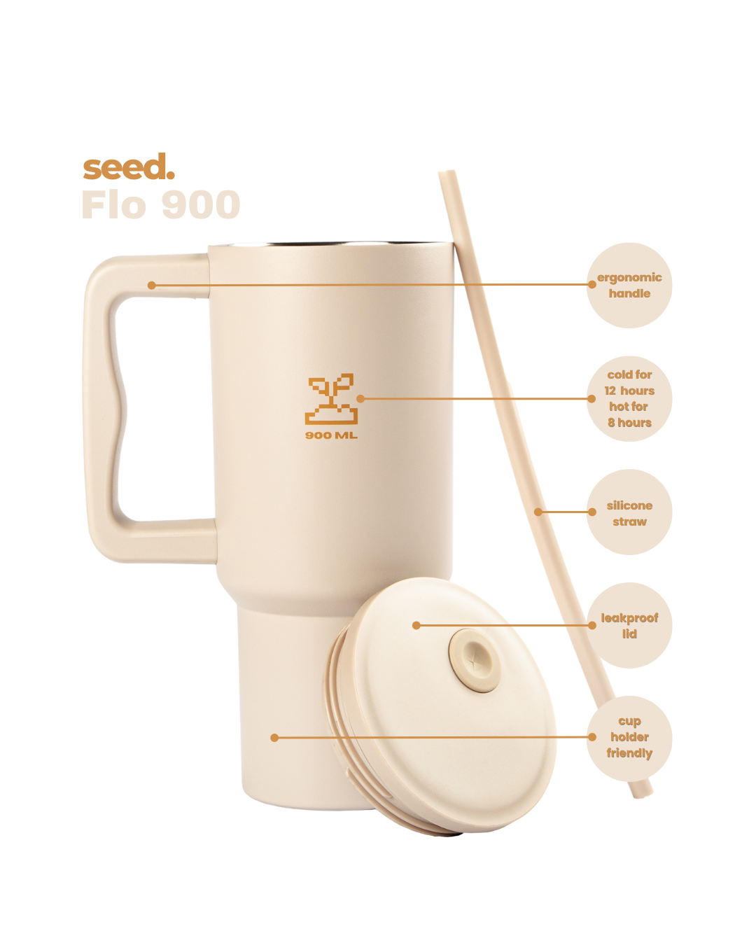 Beige travel mug with handle, lid, and straw on a white background stainless steel tumbler 900mL milk tea