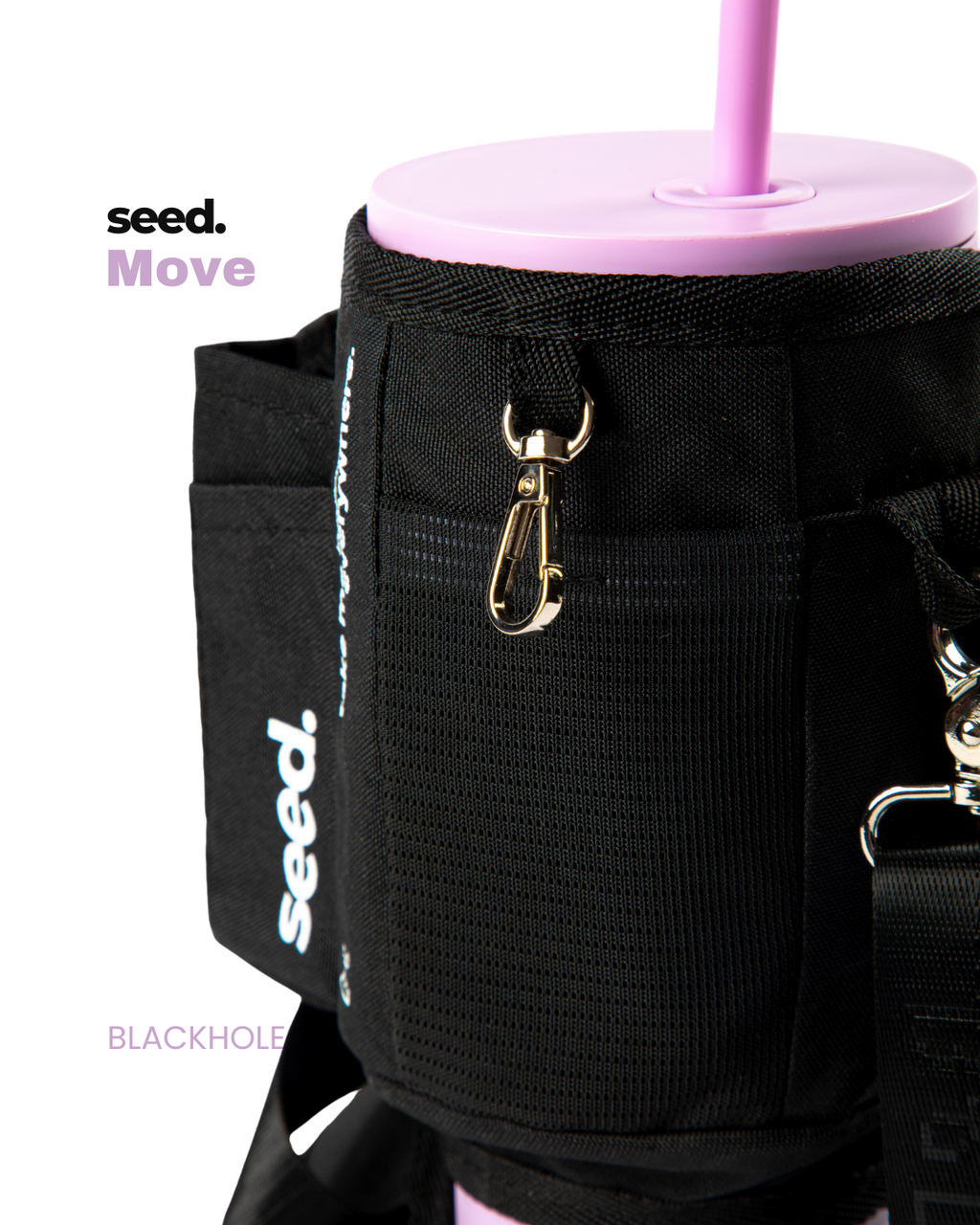lilac insulated stainless steel tumbler water bottle with black tumbler sleeve utility sling bag blackhole & lilac