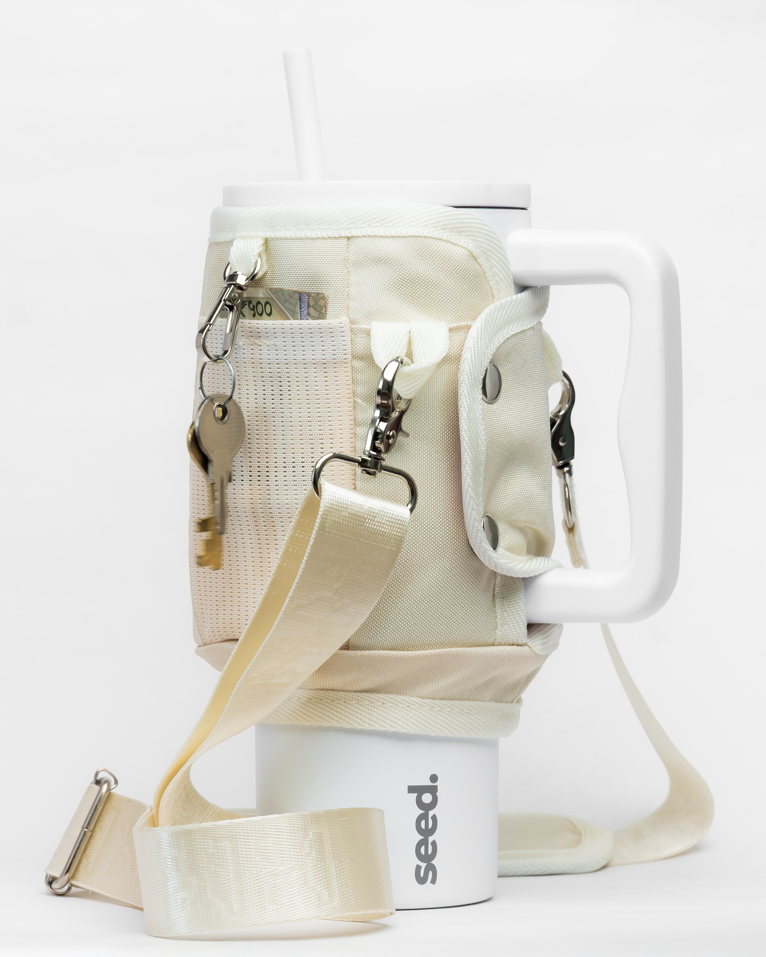 white insulated stainless steel tumbler water bottle with beige tumbler sleeve utility sling bag milkyway & moonlight