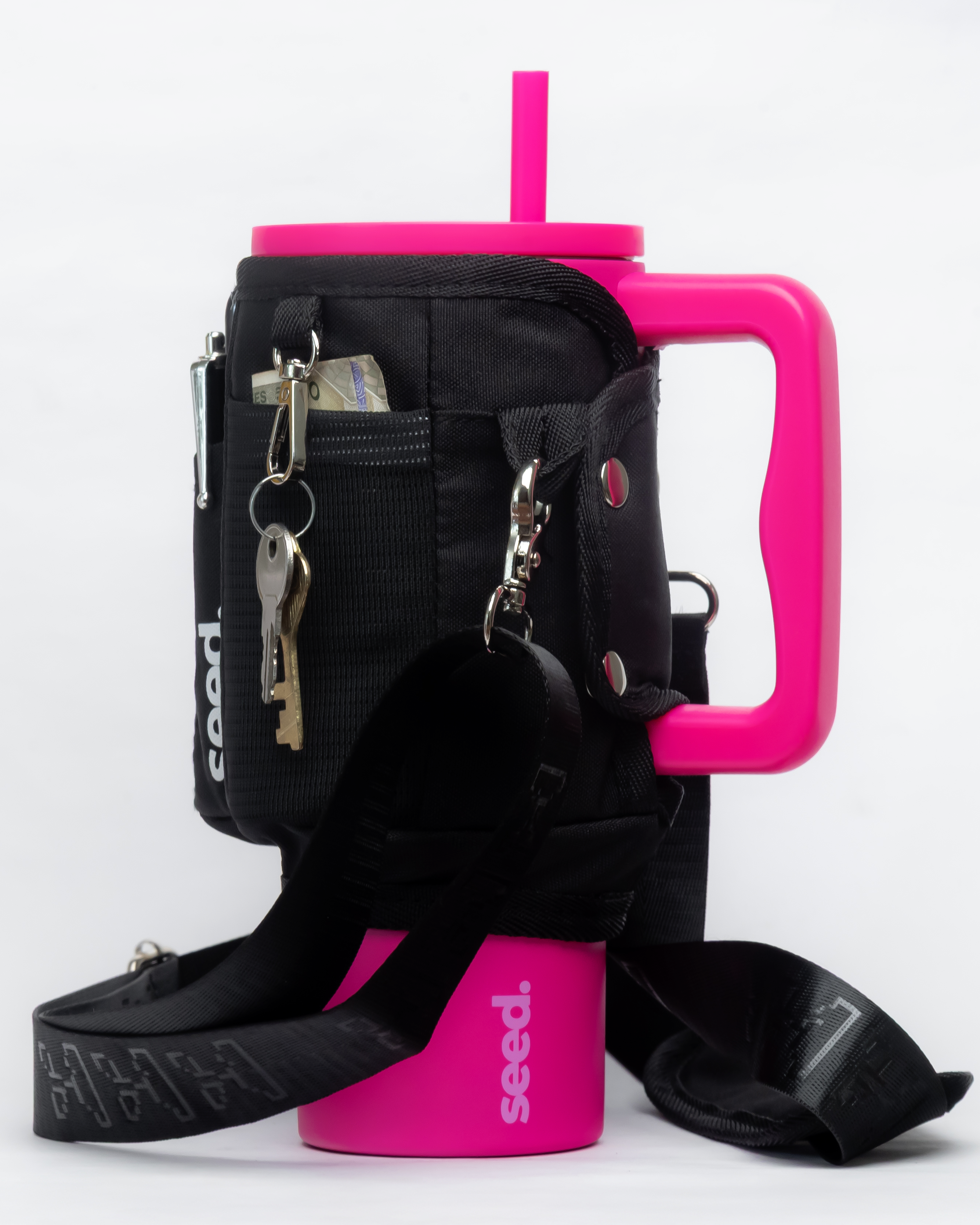 pink insulated stainless steel tumbler water bottle with black tumbler sleeve utility sling bag blackhole & rani pink