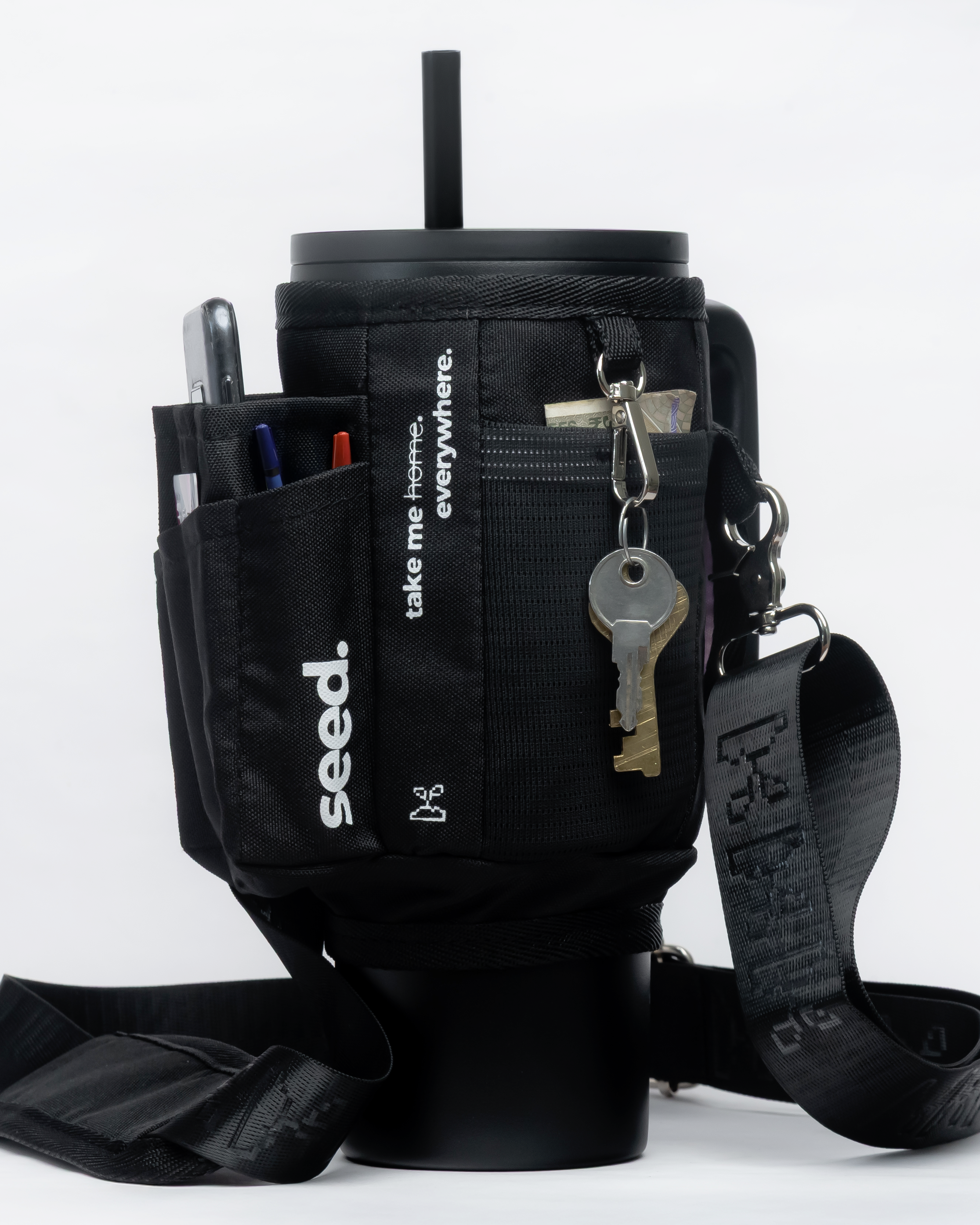 black insulated stainless steel tumbler water bottle with black tumbler sleeve utility sling bag blackhole & dark knight