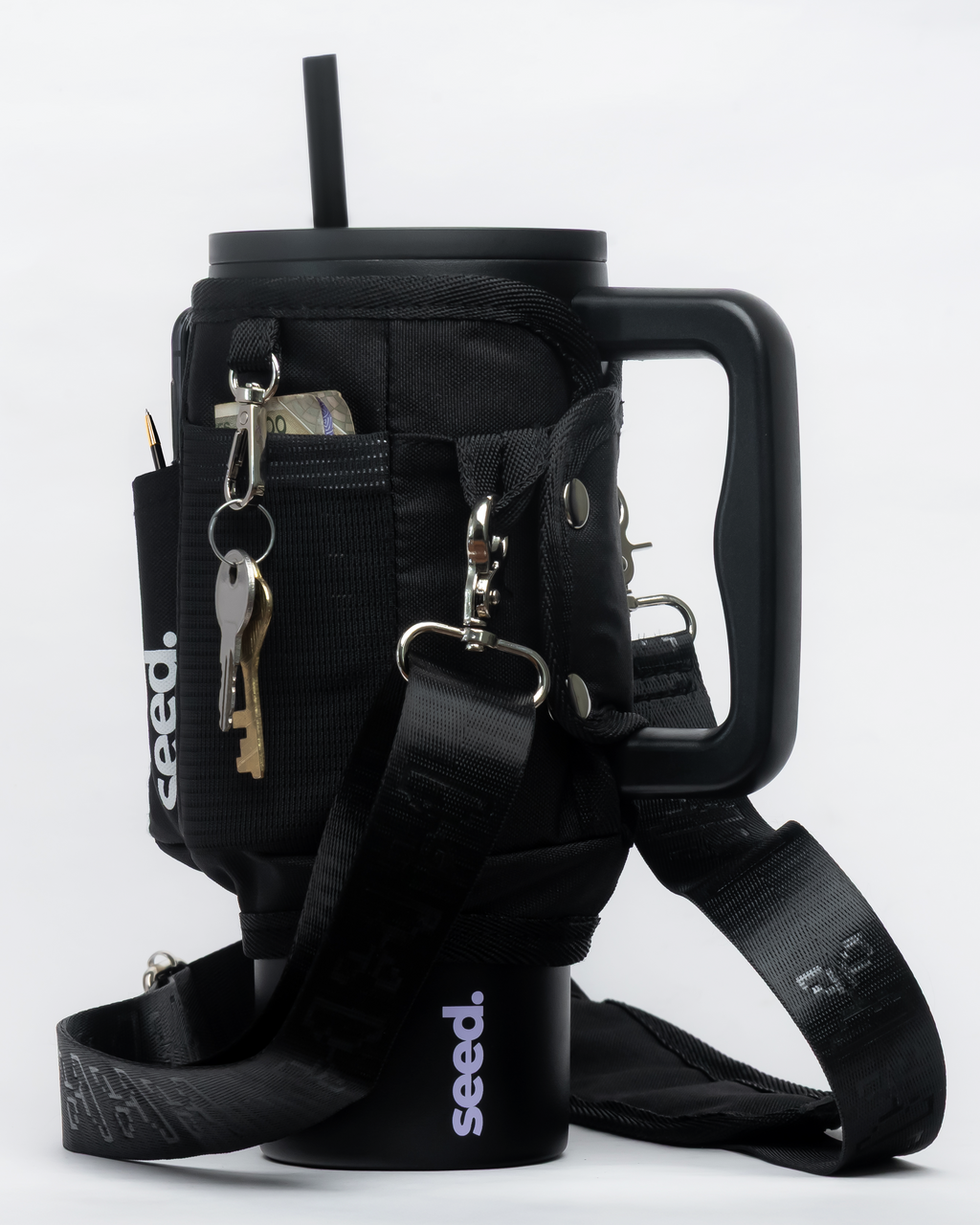 black insulated stainless steel tumbler water bottle with black tumbler sleeve utility sling bag blackhole & dark knight