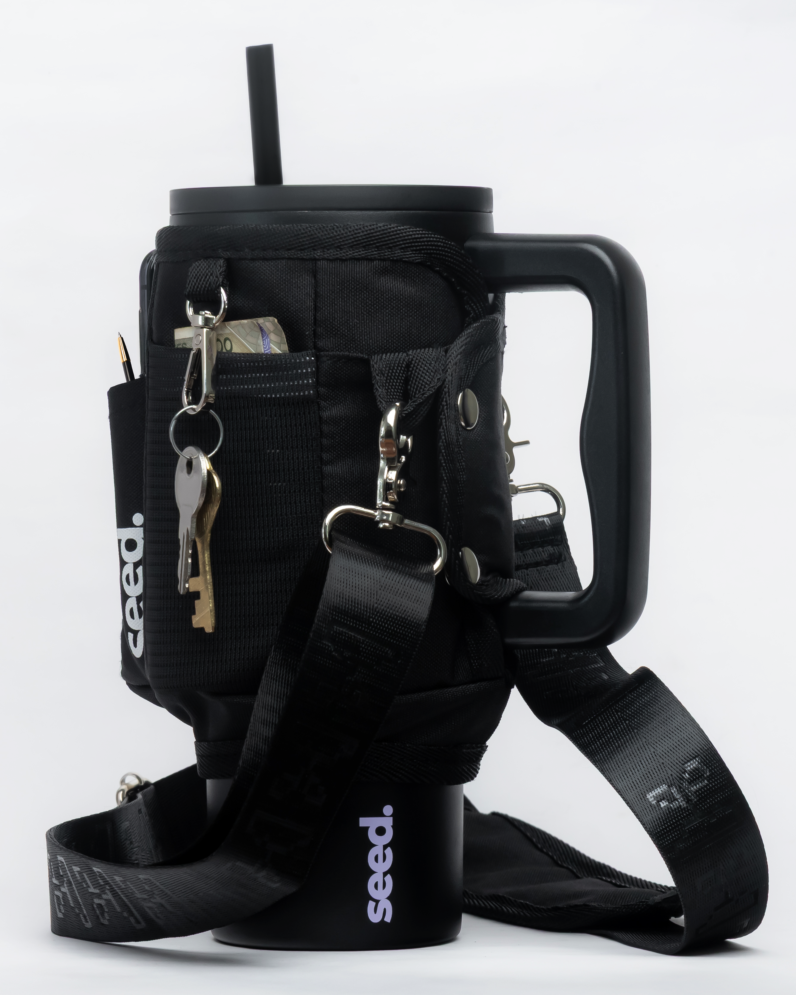 black insulated stainless steel tumbler water bottle with black tumbler sleeve utility sling bag blackhole & dark knight
