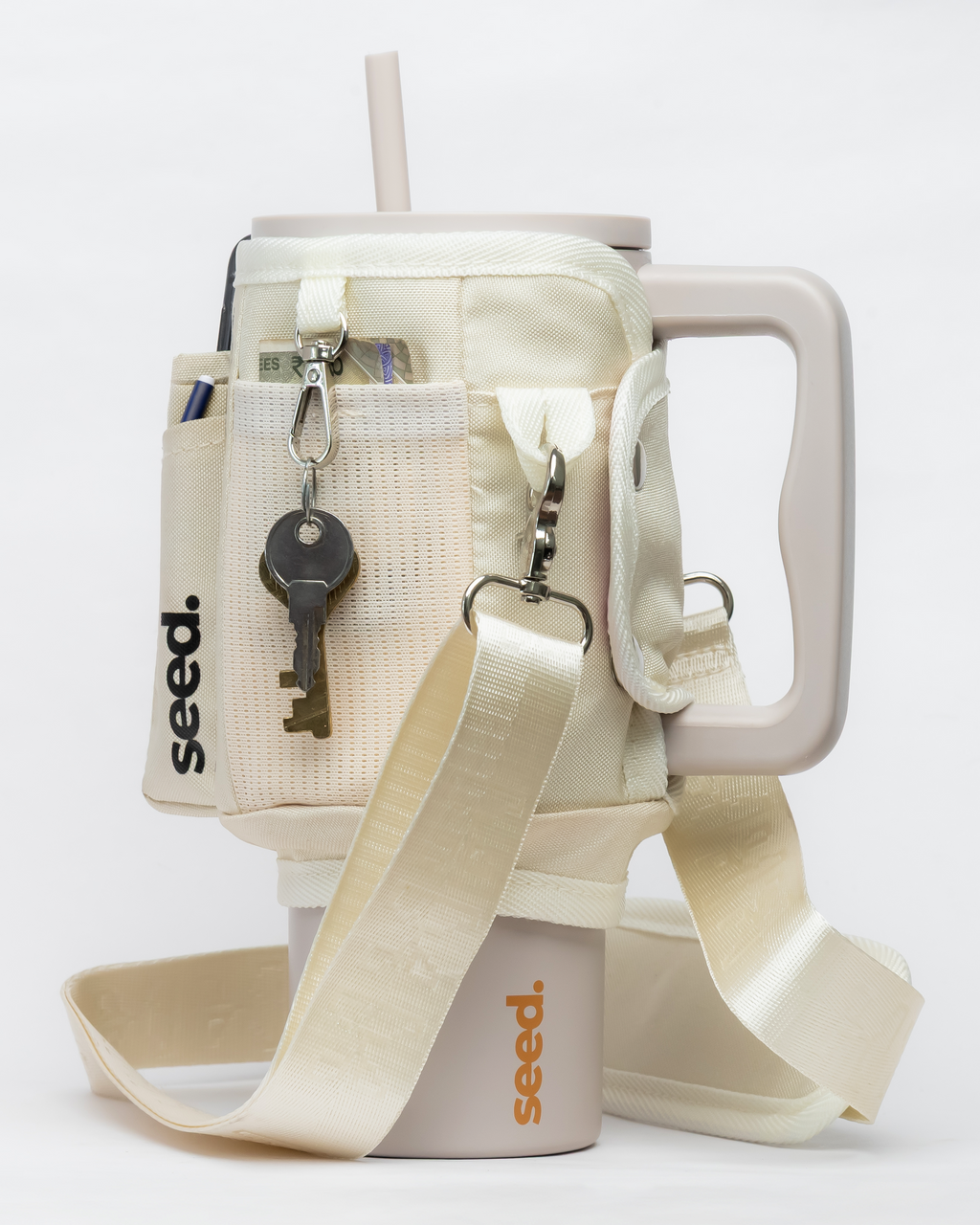 beige insulated stainless steel tumbler water bottle with white tumbler sleeve utility sling bag milkyway & milk tea