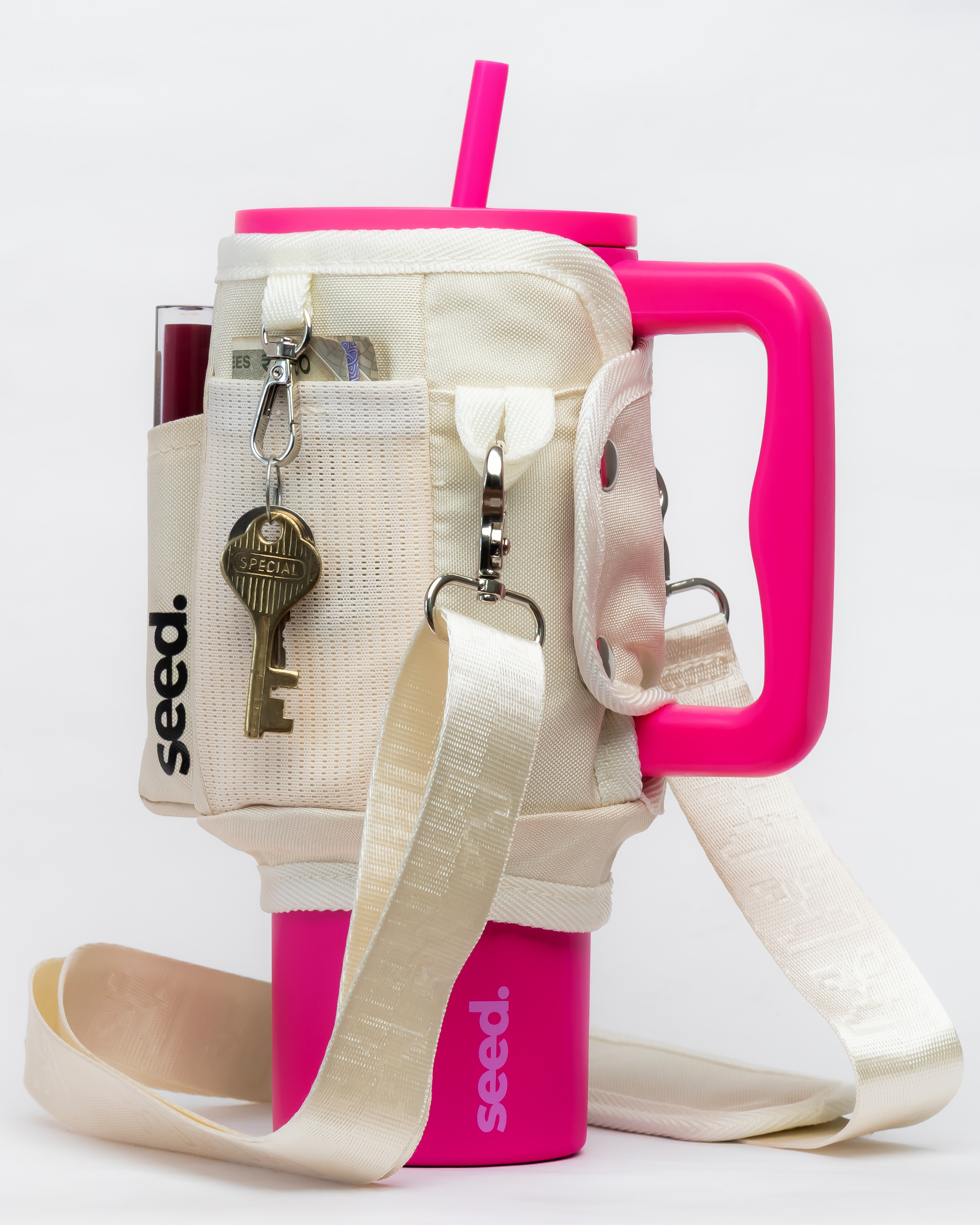 pink insulated stainless steel tumbler water bottle with beige tumbler sleeve utility sling bag milkyway & rani pink