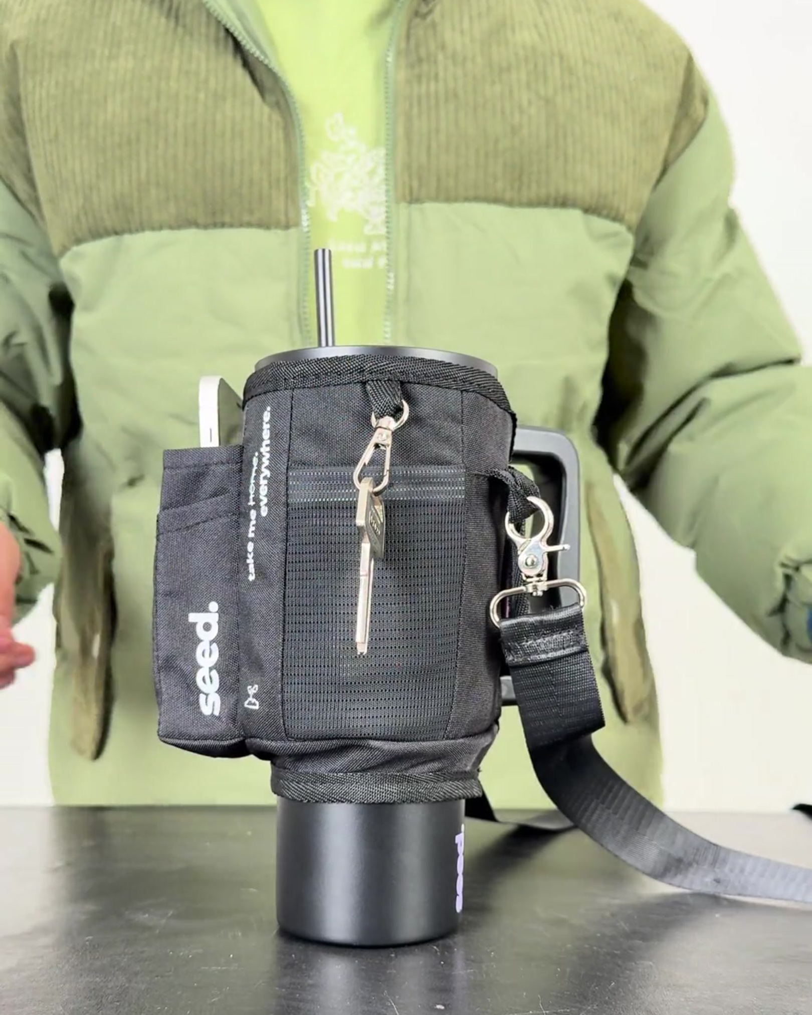 black insulated stainless steel tumbler water bottle with black tumbler sleeve utility sling bag blackhole & dark knight
