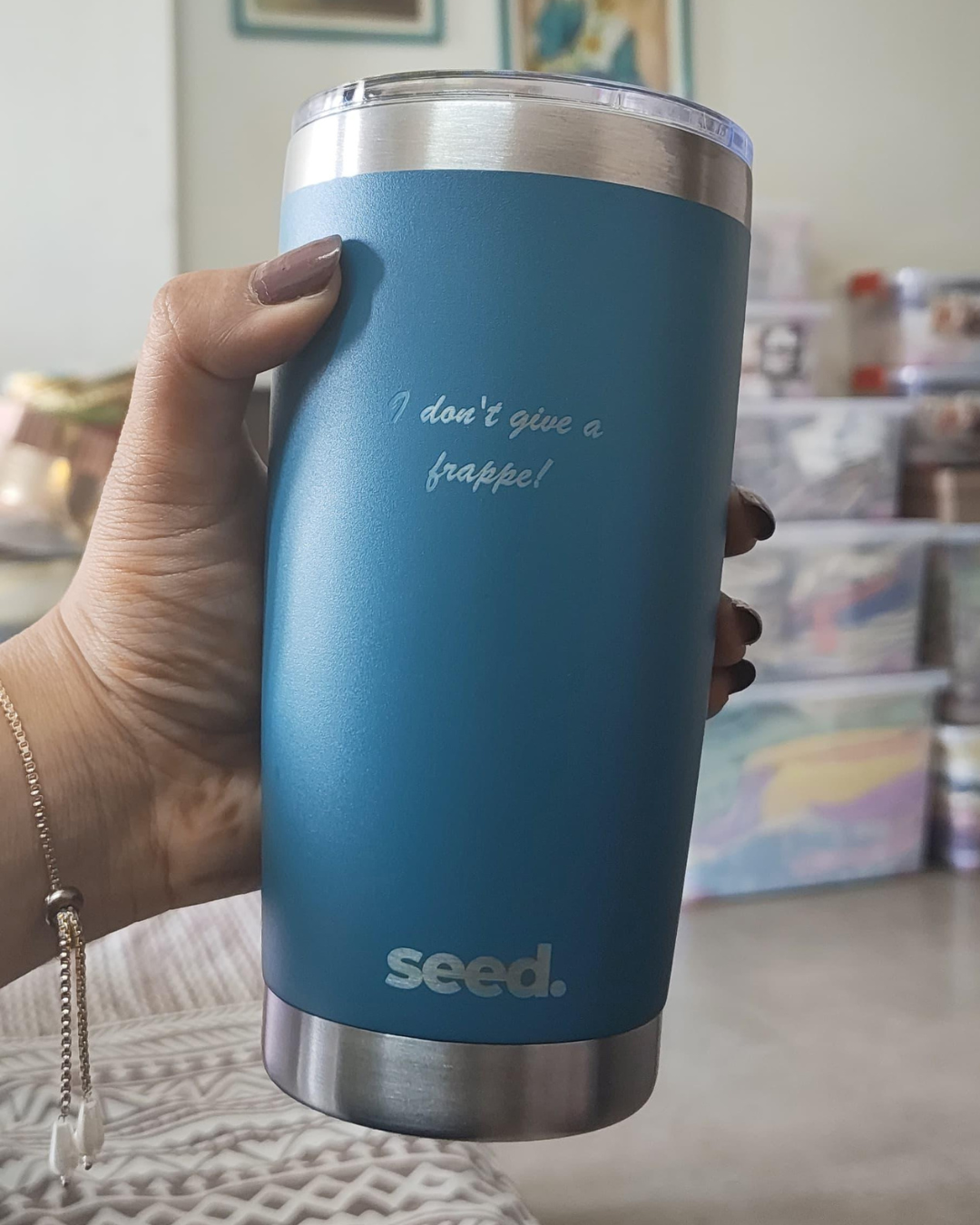 stainless steel tumbler 600mL denim blue with a funny 'I don't give a frappe!' laser engraved on it  insulated stainless steel travel coffee mug 600mL 